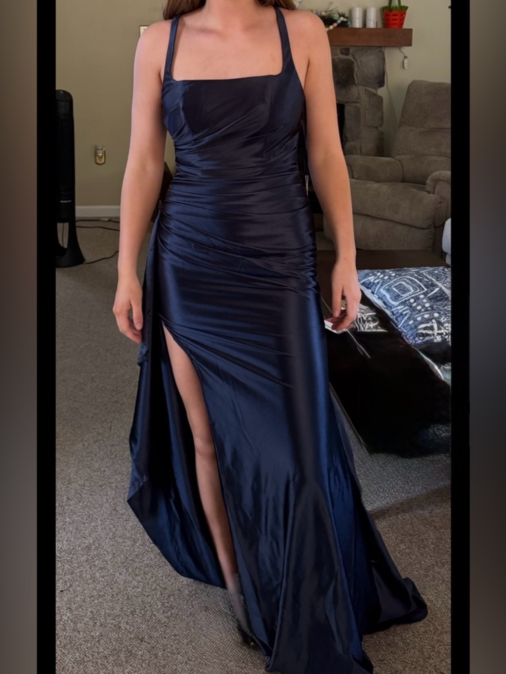 Rich Midnight Blue Satin Ruched Gown with Thigh Slit